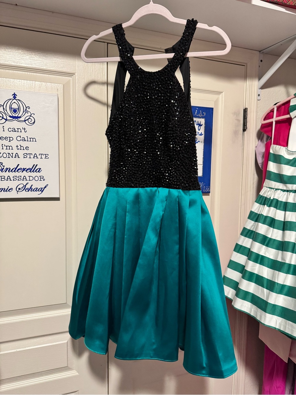 Camille La Vie Black Beaded Bodice Teal Satin Fit-and-Flare Dress